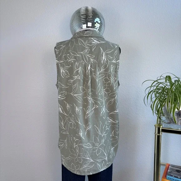 ecothreads Womens Sleeveless Button Up Shirt Green Floral Linen Blend Size L - Picture 4 of 16